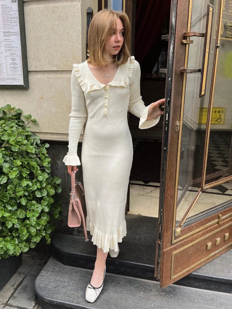 Ruffled Long-sleeved Vintage High-waisted French Creamy White Midi Dresses