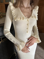 Button Ruffle Waist Midi Dress