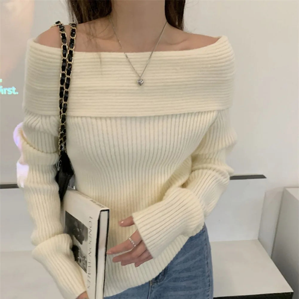 White Flat-neck Feminine Collarbone Off-shoulder Slimming Sweater Main image
