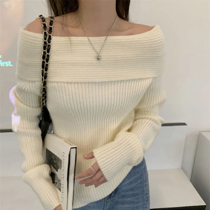 Sexy White Flat-neck Feminine Collarbone Off-shoulder Slimming Sweater