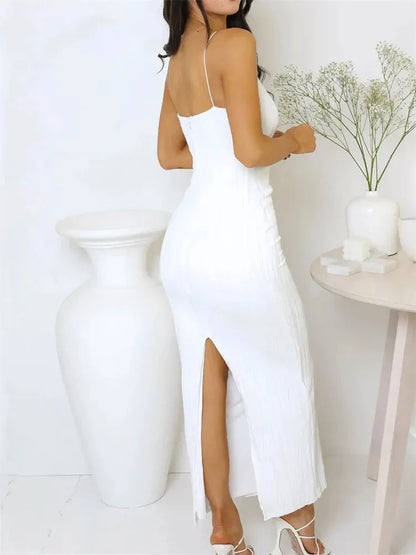 Long Ruched Sleeveless Solid Summer Back Split Clubwear Outfits Midi Dresses