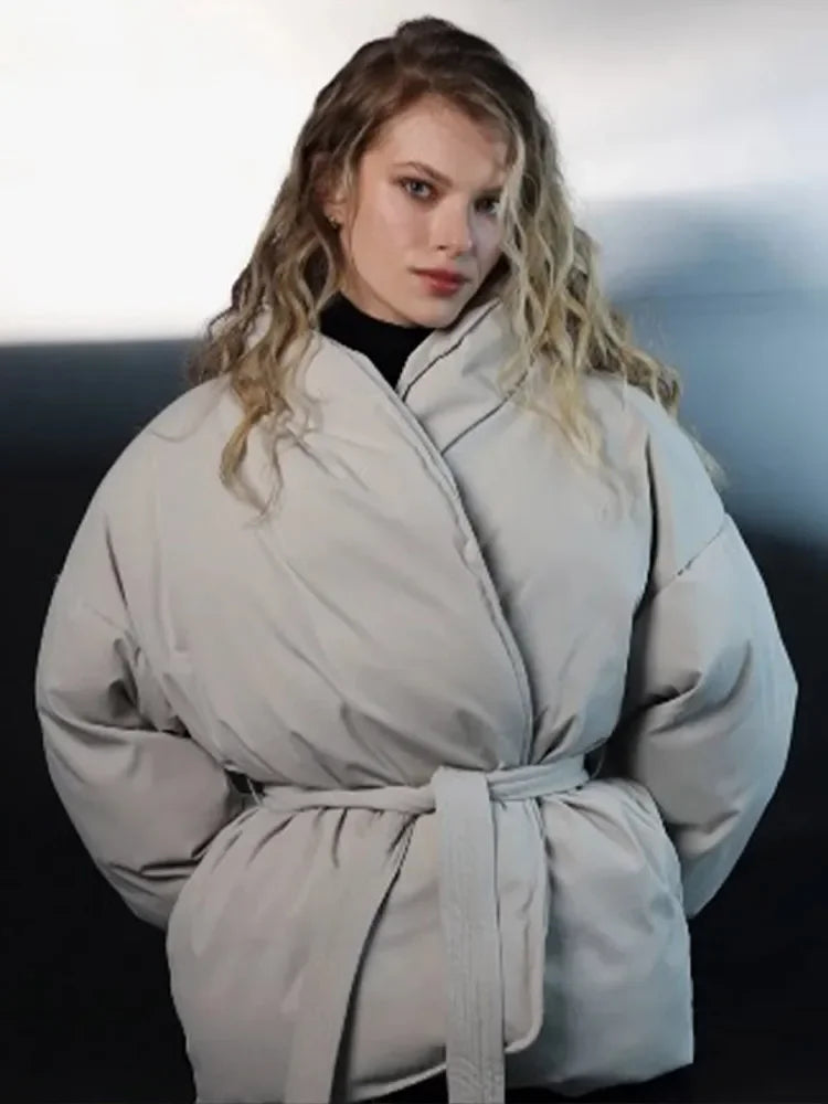 Tie-Belt Padded Cotton Coat Creamy-White / S Coats-241208