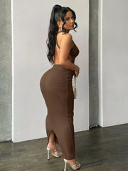 Spring  Backless Elegant Evening Birthday Brown Long Midi Dresses