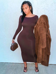 Backless Long Sleeve Brown Midi Dress