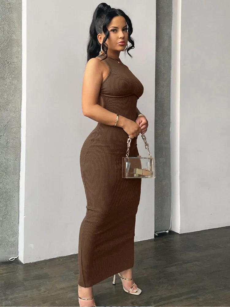Backless Long Sleeve Brown Midi Dress