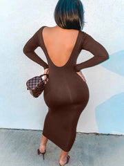 Backless Long Sleeve Brown Midi Dress