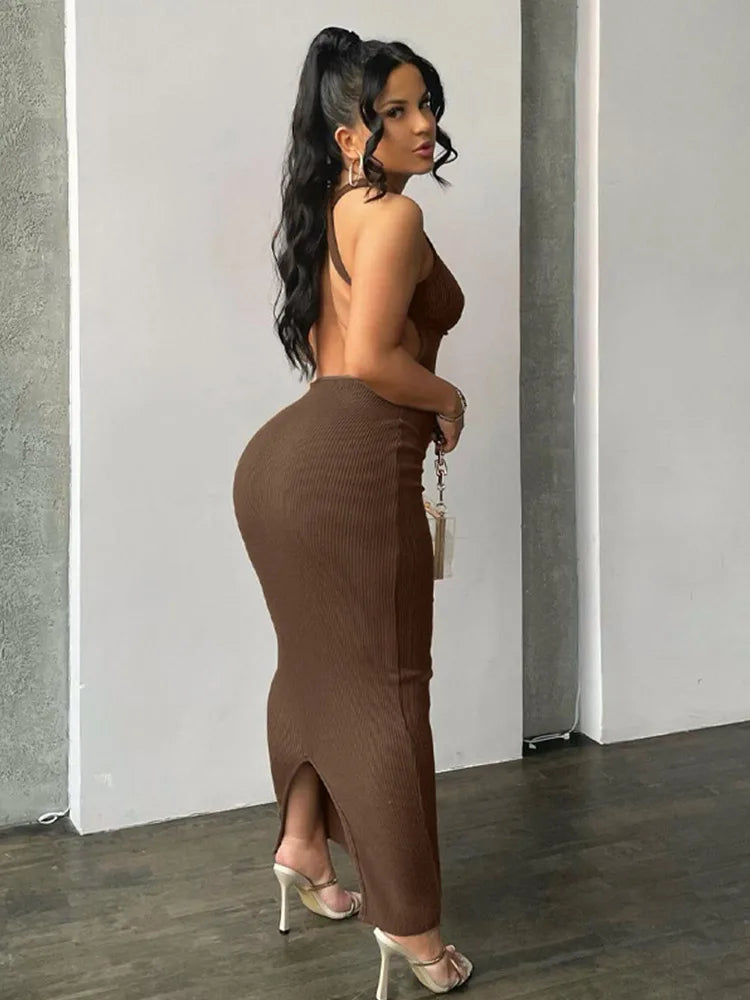 Backless Long Sleeve Brown Midi Dress Secondary image