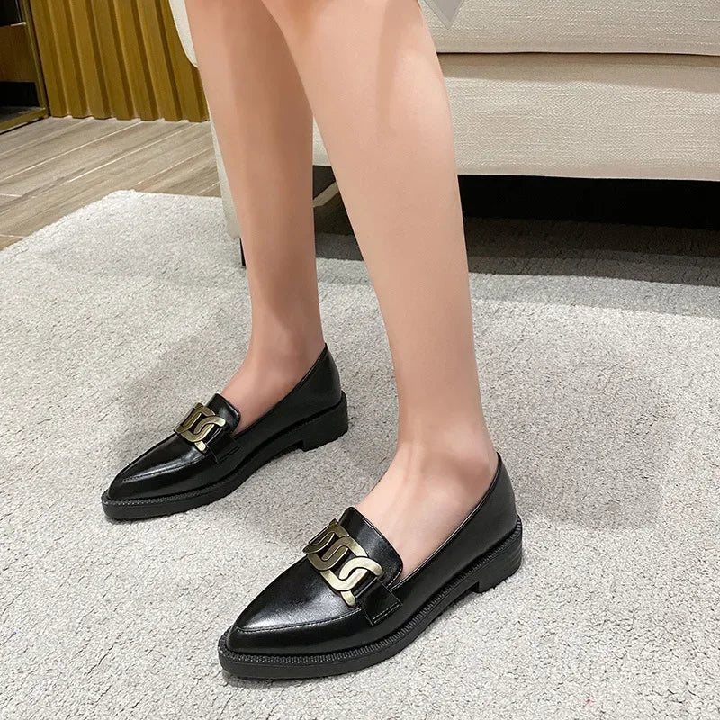 Pointed Toe Platform Metal Chain Buckle Designer British Leather Flats Loafers Main image