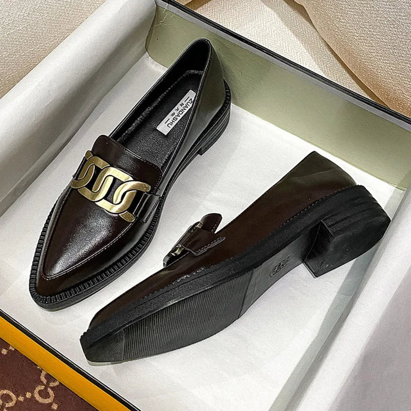Pointed Toe Platform Metal Chain Buckle Designer British Leather Flats Loafers Secondary image