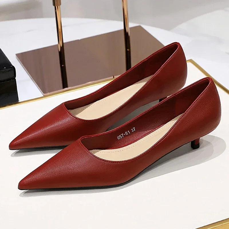 Spring 4cm Highs Concise Office Lady Soft Leather Thin Highs Fashion Pointed Toe Wedding Shoes Low Heel Pumps Main image