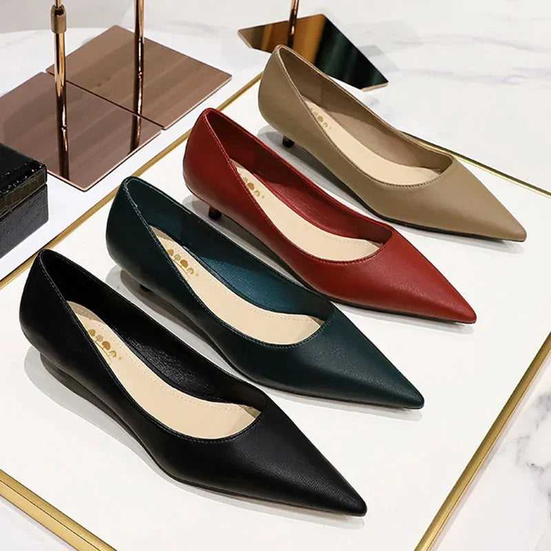 Spring 4cm Highs Concise Office Lady Soft Leather Thin Highs Fashion Pointed Toe Wedding Shoes Low Heel Pumps Secondary image