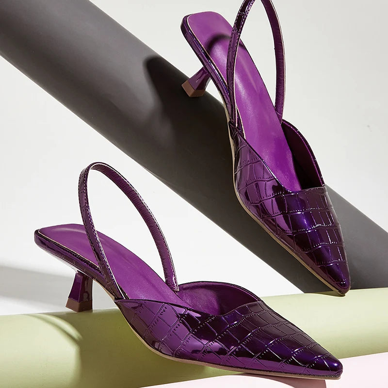 2024 Summer New Fashion Back Strap Stone Pattern Purple Pointed Toe Slingback Shoes Brand Wedding High Mules Low Heel Pumps Main image