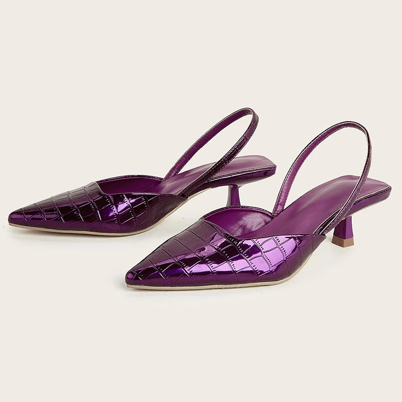 2024 Summer New Fashion Back Strap Stone Pattern Purple Pointed Toe Slingback Shoes Brand Wedding High Mules Low Heel Pumps Secondary image