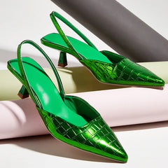 2024 Summer New Fashion Back Strap Stone Pattern Purple Pointed Toe Slingback Shoes Brand Wedding High Mules Low Heel Pumps