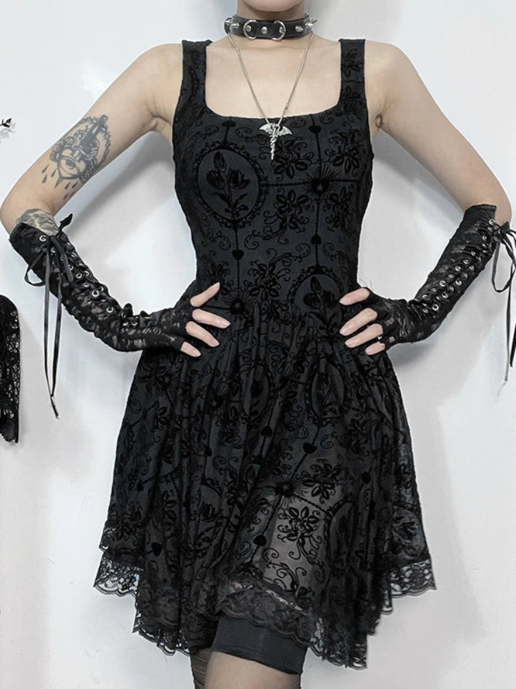 2024 Summer New Harajuku Retro  Wrapped Hip Mini Dress Y2K Vintage Gothic Punk Dark Style Tie Up A-Line Dress Main image