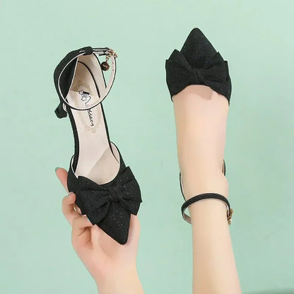 2024 Summer New Slim Shoes One Line Buckle Pointed Highs Fashion Bow Shoes Low Heel Pumps