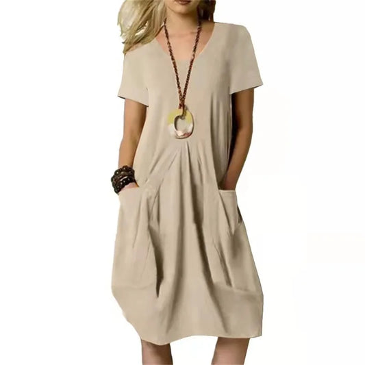 Round-neck Hot Solid Loose Pocket Design Women Midi Dresses