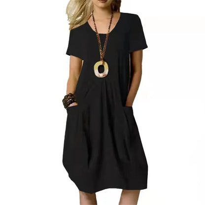 Round-neck Hot Solid Loose Pocket Design Women Midi Dresses