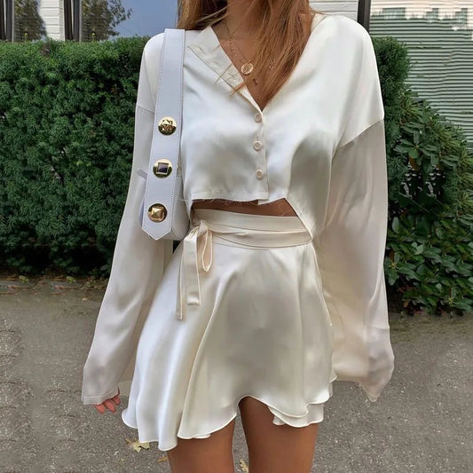 DressBetty - White Elegant Satin Sexy Crop Lantern Long Sleeve Mini Tennis Sports Skirt