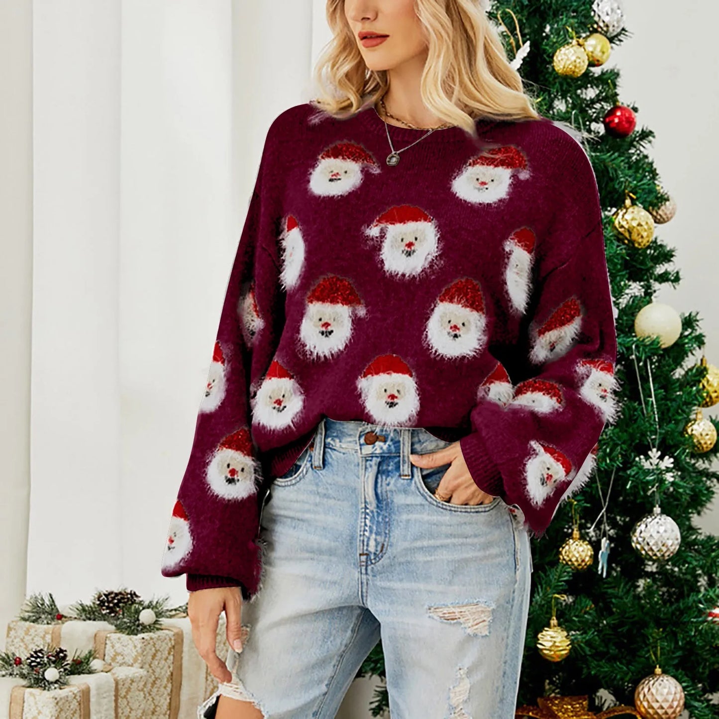 Winter Warm Christmas Knitted Long Sleeve Santa Claus Sweater