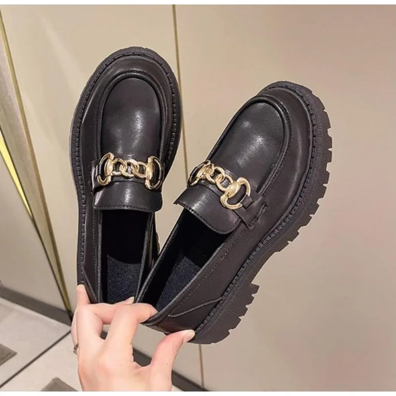 Black Leather Platform Slip On Spring Boat Metal Chain Designer Oxfords Loafers Main image