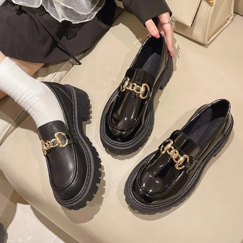 Black Leather Platform Slip On Spring Boat Metal Chain Designer Oxfords Loafers Secondary image