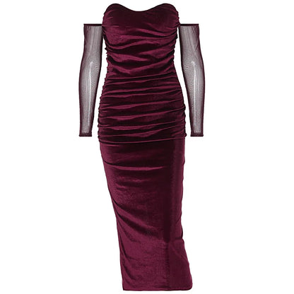 Bodycon Off-the-shoulder Velvet Mesh Elegant Y2K Midi Dresses