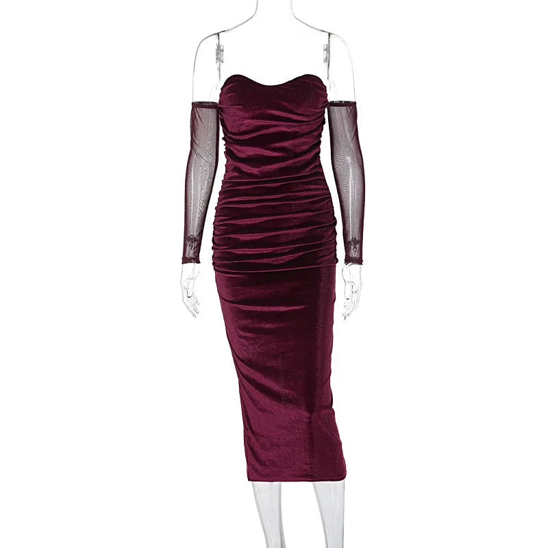 Bodycon Off-the-shoulder Velvet Mesh Elegant Y2K Midi Dresses