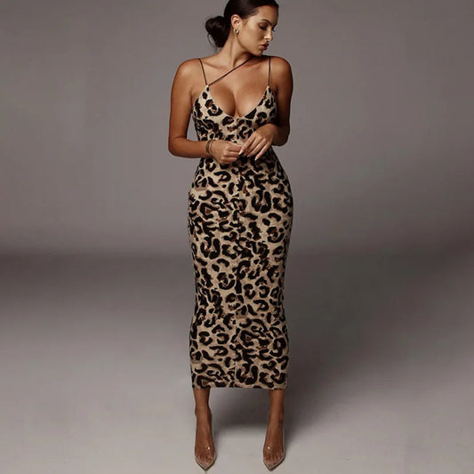 Leopard Print Sleeveless V-neck Sexy Spring Christmas Outfits Midi Dresses
