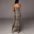 Leopard Print Sleeveless V-neck  Spring Christmas Outfits Midi Dresses