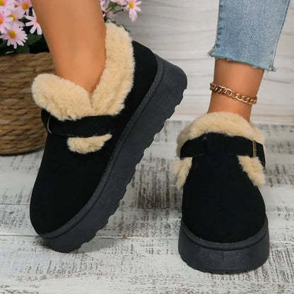 2024Fashion Plush Flat Shoes Women Suede Round Toe Solid Color Women Snow Boots Warm Flat Non-slip Women Ankle Boots Botas Mujer