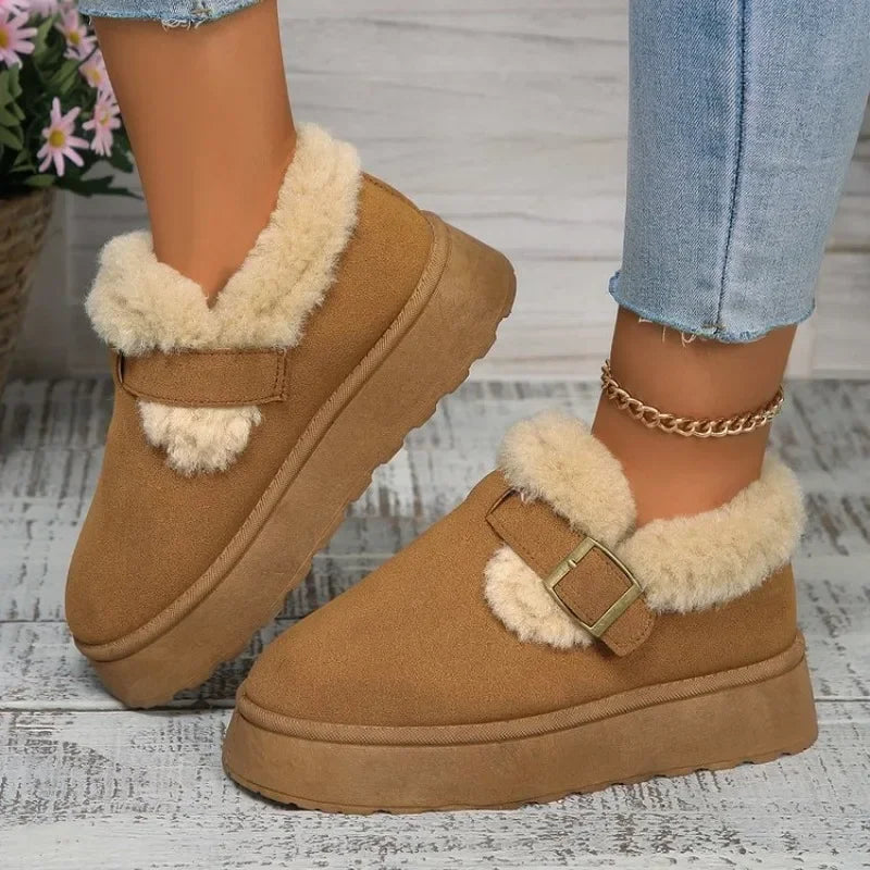 2024Fashion Plush Flat Shoes Women Suede Round Toe Solid Color Women Snow Boots Warm Flat Non-slip Women Ankle Boots Botas Mujer