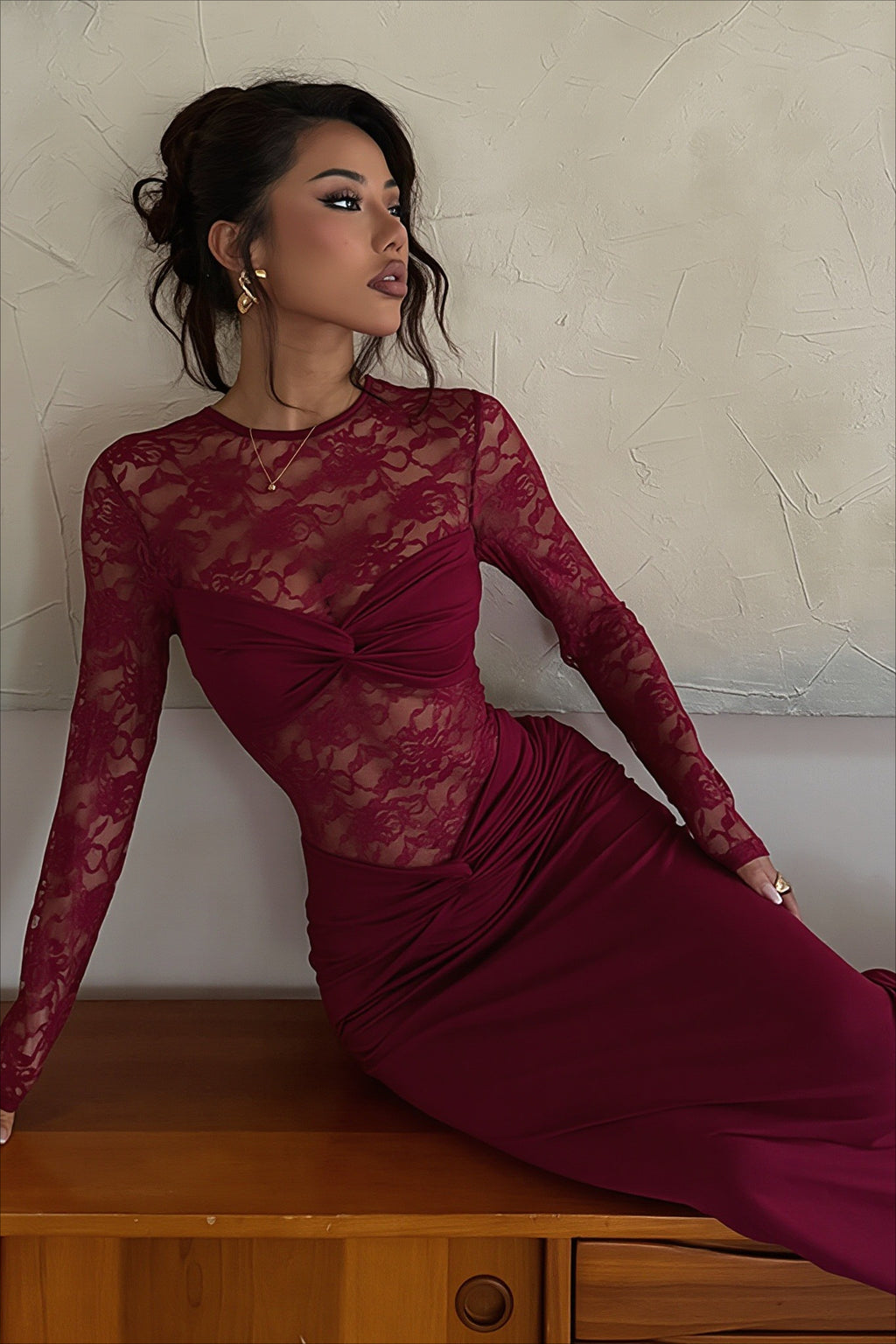 Sheer Lace Twist Front Cutout Maxi Dress