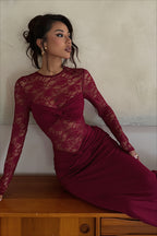 Sheer Lace Twist Front Cutout Maxi Dress