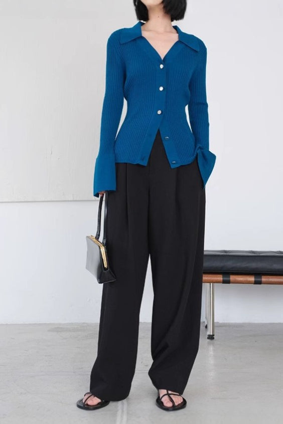 Stretch Ribbed Collared Knit Top Secondary image