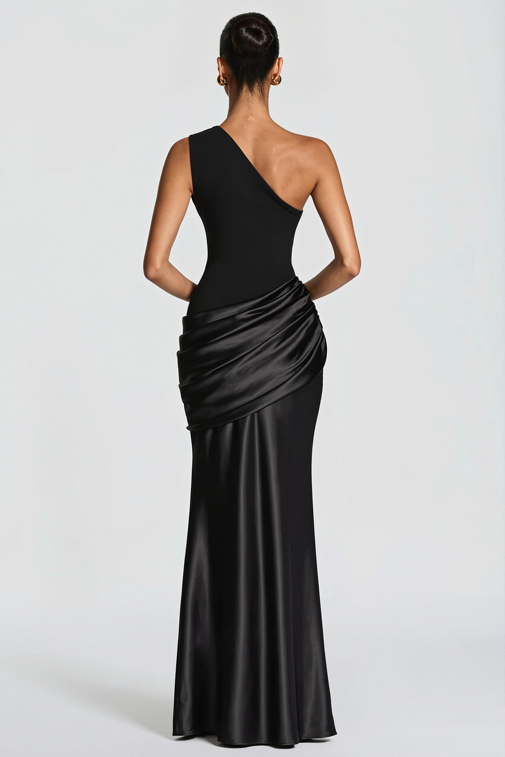 One Shoulder Satin Ruched Maxi Party Dress