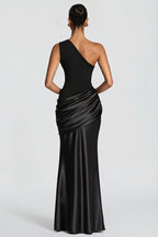 One Shoulder Satin Ruched Maxi Party Dress