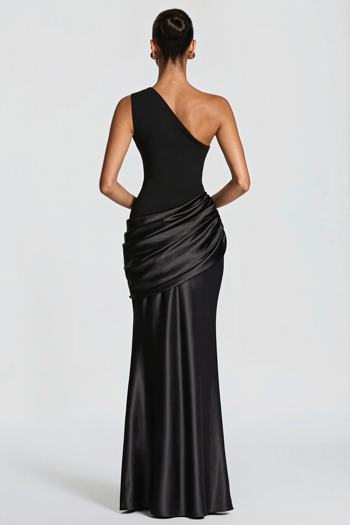 One Shoulder Satin Ruched Maxi Party Dress