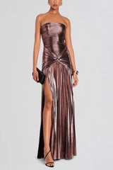 Chic Metallic Ruched Split Strapless Formal Dress