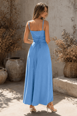 Solid Ribbed Tie Back Waist Cinch Slip Dress