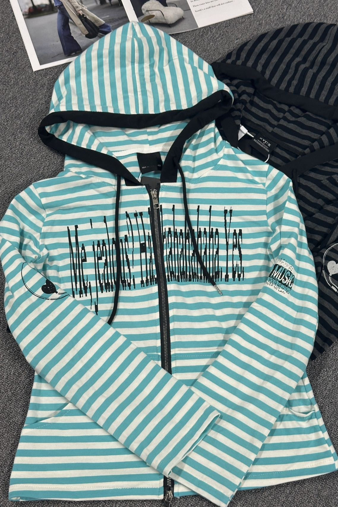 Striped Graphic Fitted Zip Up Hoodie