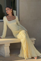 Elegant Long Sleeve Lace Mermaid Backless Formal Dress