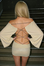 Off-Shoulder Batwing Sleeve Backless Bodycon Mini Dress