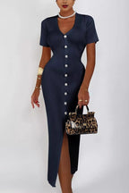 Waist Cinched V Neck Single Breasted Short Sleeve Knit Maxi Sweater Dress
