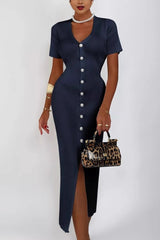 Waist Cinched V Neck Single Breasted Short Sleeve Knit Maxi Sweater Dress