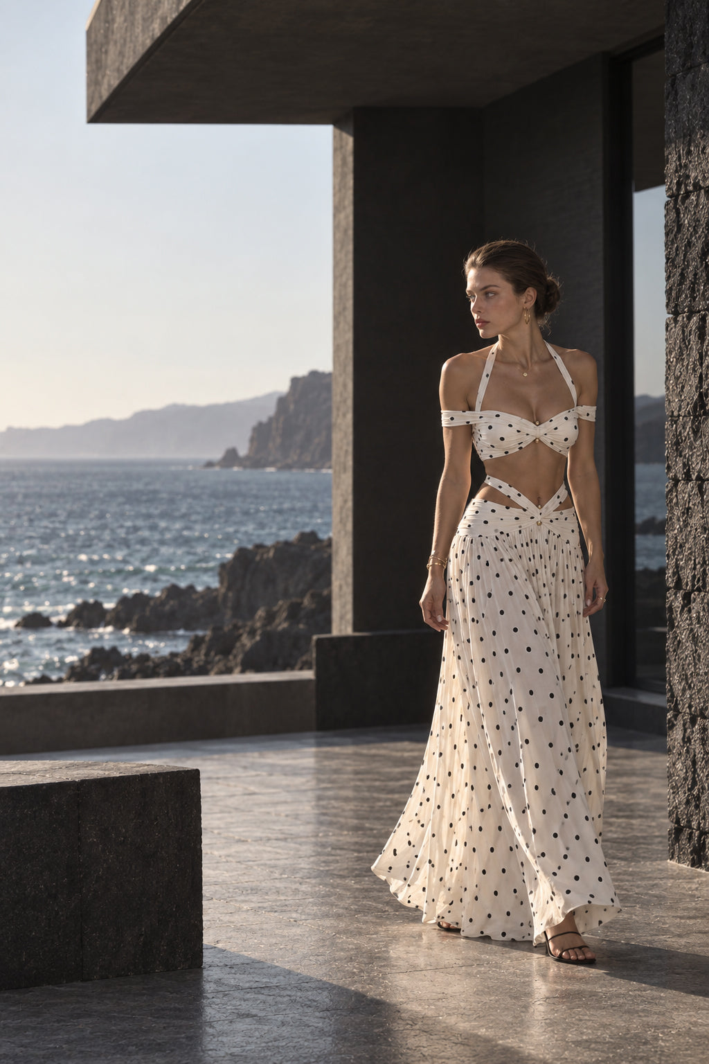 Chic Dot Print Halter Cutout Bandeau Skirt Sets
