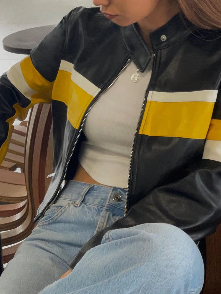 Patchwork Stripe PU Biker Jacket Main image