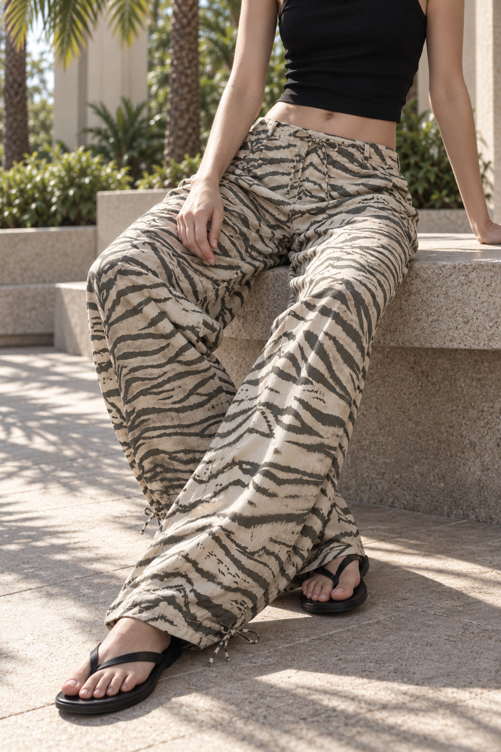 Zebra Print Drawstring Hem Pants
