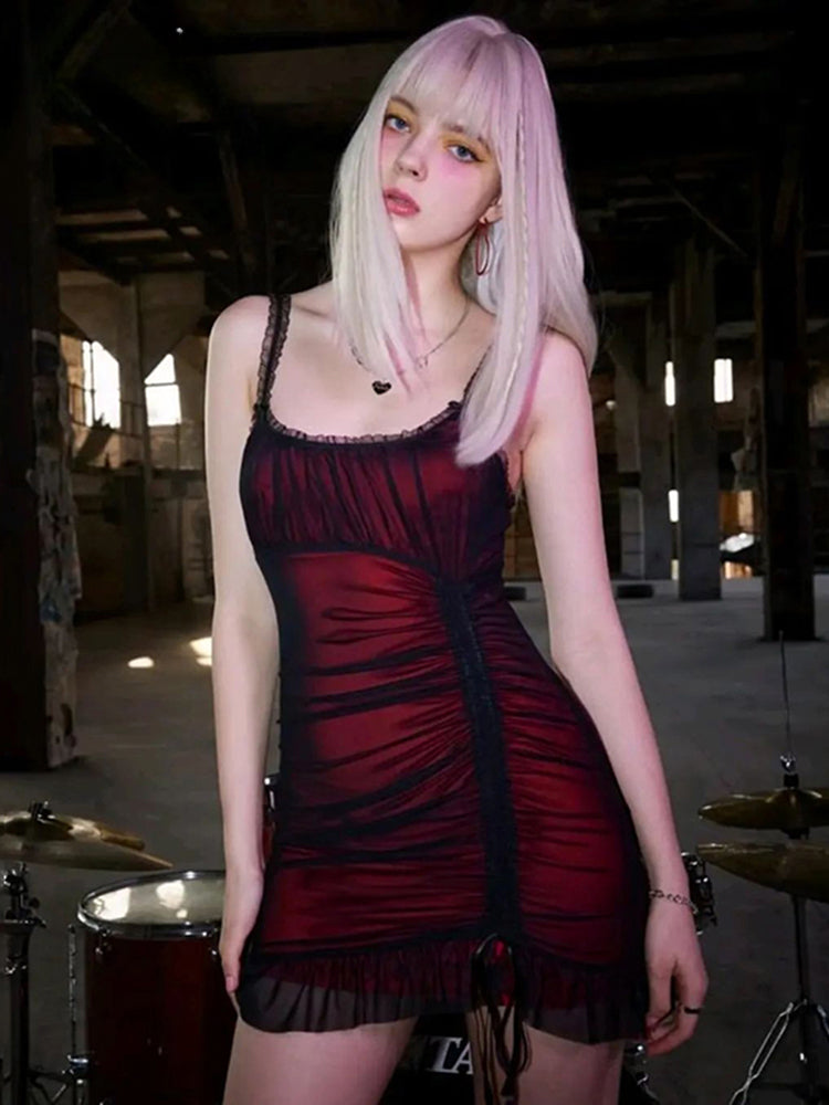 Dark Red Double Mesh Drawstring Ruched Sleeveless Mini Bodycon Vintage Aesthetic Dress Main image