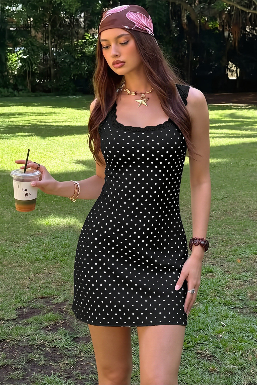 Polka Dot Lace Panel Bodycon Mini Dress